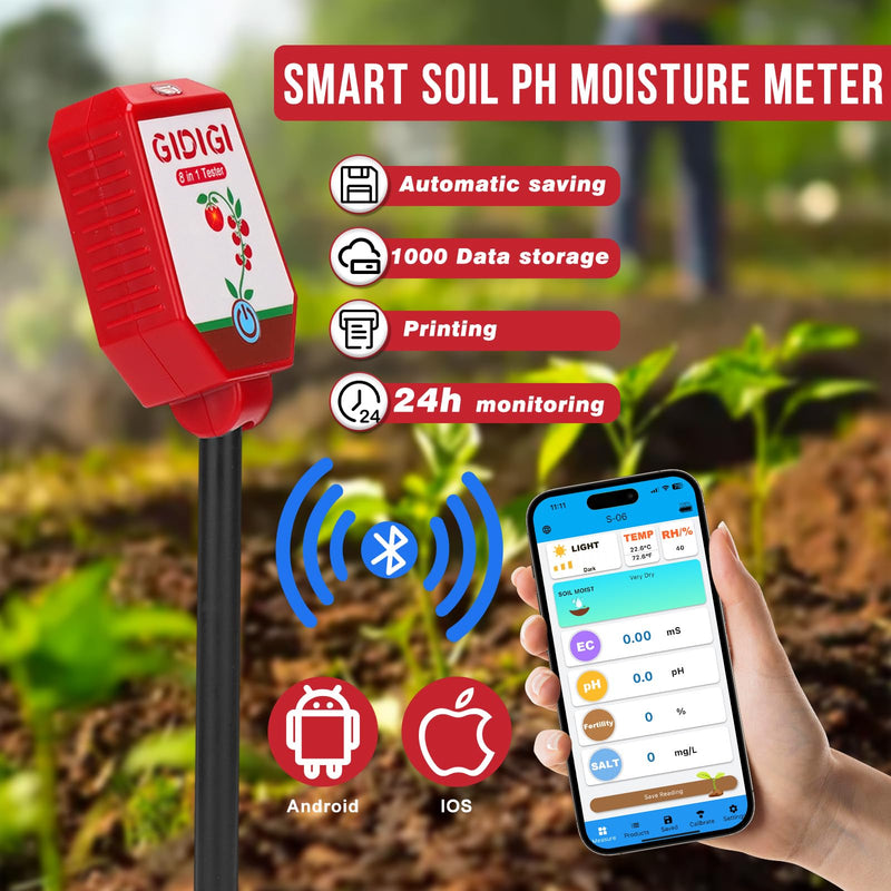 [Australia - AusPower] - Soil pH Meter Smart Soil Moisture Meter with App Control Digital Soil Test Kit for Plants pH Sunlight Intensity Fertility pH EC Salt Soil Thermometer Humidity Moisture Meter for Garden Lawn Farming 8in1 Moisture Tester 
