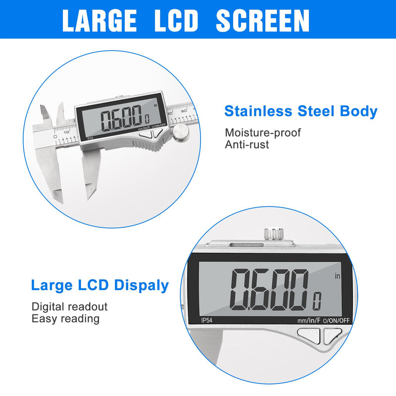 [Australia - AusPower] - Adoric Digital Caliper, Caliper Measuring Tool Stainless Steel Vernier Caliper Digital Micrometer with Large LCD Screen, Easy Switch from Inch Metric Fraction, 0-6" Caliper Tool for DIY/Household 6" Ss-large Lcd 