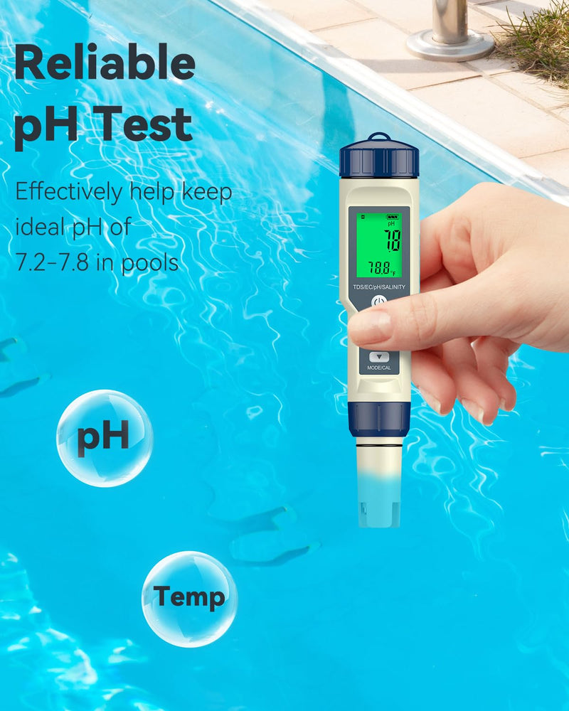 [Australia - AusPower] - Pawfly Pool Salt Tester & pH Meter, 5 in 1 pH Salinity TDS EC & Temperature Meter, Digital Salinity Tester TDS Meter for Swimming Pool Drinking Water Aquarium Hot Tub Saltwater & Spa 5-in-1 Digital Water Tester 
