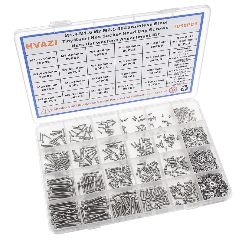 [Australia - AusPower] - Metric 1050PCS M1.4 M1.6 M2 M2.5 304 Stainless Steel Knurl Socket Head Cap Screws Hex Nuts Flat Washers Assortment Kit 