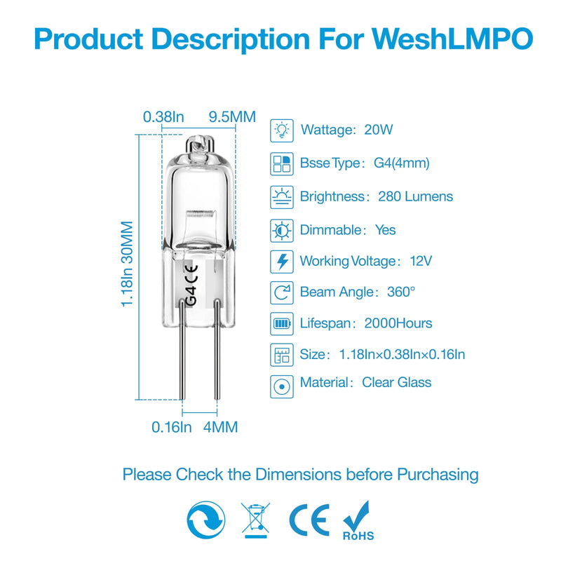 WeshLMPO Halogen G4 20W 12V Pack of 12 G4 Halogen Bulbs 2700K Warm White Dimmable for Oven 300 Degrees