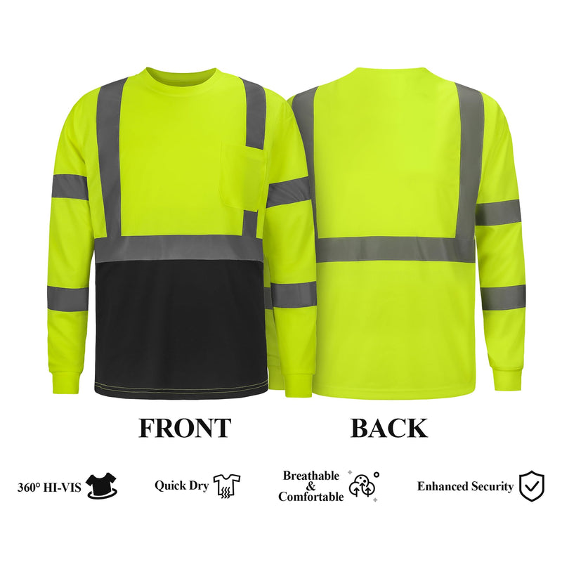 Hi Vis Safety Shirts for Men, High Visibility Long Sleeve Class 3 Reflective Construction Shirts 6X-Large Black Bottom Lime