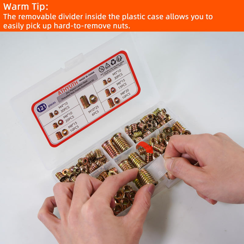 [Australia - AusPower] - Threaded Inserts for Wood, 121 Pieces Zinc Plated Steel Thread Insert Nuts Assortment kit for Hardwoods, Hex Socket Flanged Threaded Wood Inserts M4 M5 M6 M8 M10 Screw Inserts for Wooden Furniture 