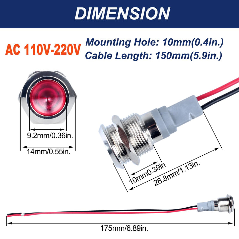[Australia - AusPower] - 5 Pcs 12mm 110V-220VAC Metal LED Indicator Light Mounting Hole 1/2" 20mA Energy Saving Signal lamp Waterproof IP67 with Wire for machine tools household appliances etc.(12mm Red) 