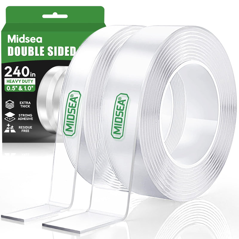 Double Sided Tape Heavy Duty, 240" L x 1"/0.5" W, Removable Waterproof Clear Nano Mounting Tape for Picture Hanging, Wall Decor, Rugs & Posters, Indoor Outdoor