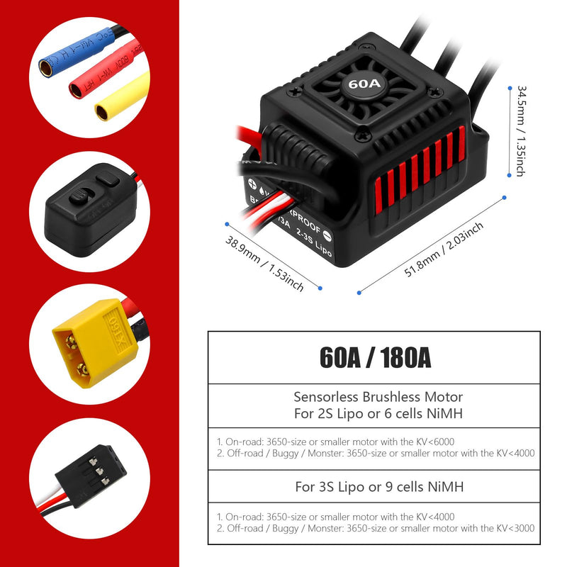 [Australia - AusPower] - Hobby Fans Upgraded 60A Brushless ESC 2-3S Electronic Speed Controller with Programming Card Waterproof ESC for 1/10 Remote Control Car Truck 