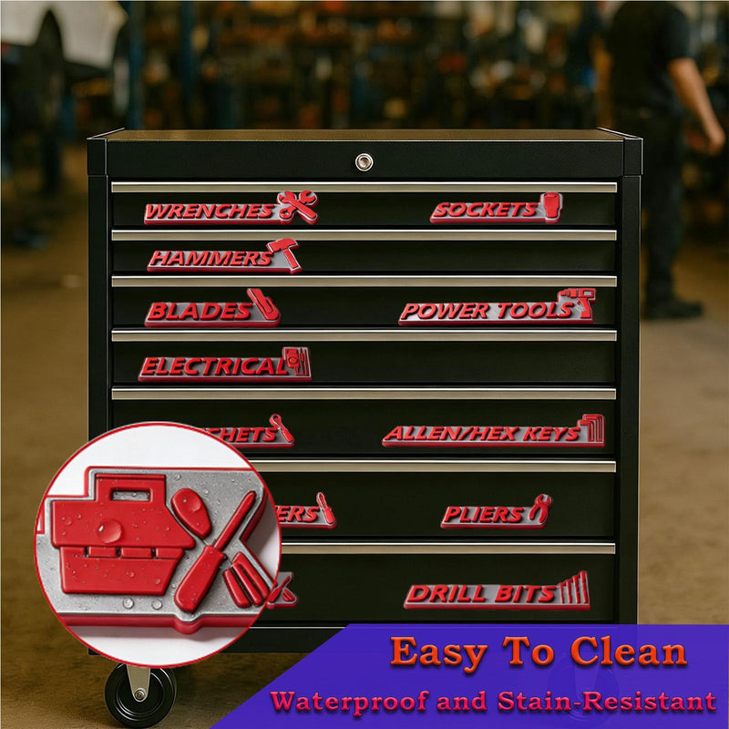 Magnetic Tool Box Labels, 12 PCS 3D Raised Toolbox Drawer Labels with Strong Magnets, Reusable Tool Chest Organizer Labels for Garage Cabinets (Gray Background with red Text) Gray Background With Red Text