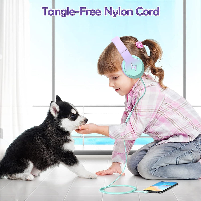 [Australia - AusPower] - Kids Headphones, Wired Headphones for Kids Over Ear with Microphone, 85/94dB Volume Limiter Headphones for Girls Boys with Sharing Jack, Foldable Headphones for Online Study,Gradient Purple Light Purple 