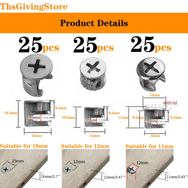 [Australia - AusPower] - 75pcs Cam Lock Nut Fasteners, 3 Sizes Eccentric Wheel Nut Furniture Connectors Cam Fittings for Cabinet Connecting Hardware Bolts Silver Tone 