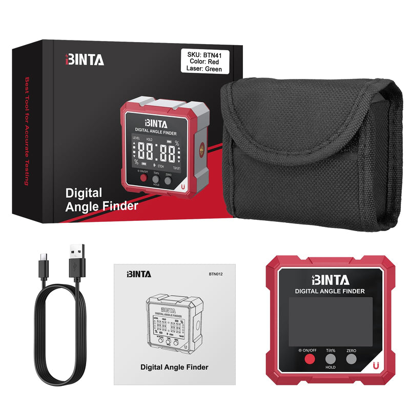 BINTA Digital Angle Finder with Laser, 4-side Magnetic Angle Gauge, USB-C Rechargeable IP54 Waterproof Inclinometer, Table Saw Miter Protractor Laser Level for Woodworking Construction DIY Green Line Black and Red Green-Dual Laser