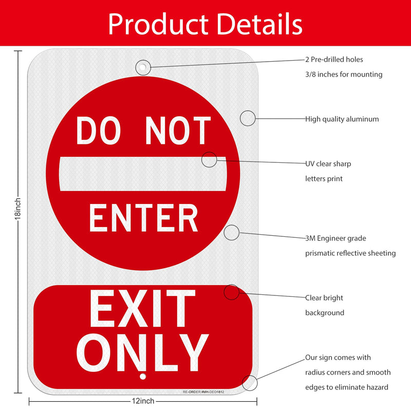 2 Pack Do Not Enter Exit Only Sign- 12" x 18" Aluminum Exit Only Do Not Enter Sign, Engineer Grade Reflective, Rust Free, Weather Resistant- Easy to Install