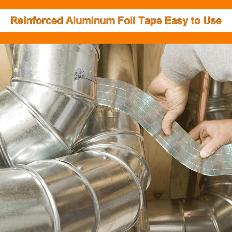 Fiberglass Reinforced Foil Duct Tape, 2 inch Glass Fiber Cloth Aluminum Foil Tape Duct Tape Withstand 80°C to 100°C, Fireproof Heat Resistant Tape for HVAC, Metal Repair Sealing and Insulation 2 inch width x 82 feet Cross Pattern Silver
