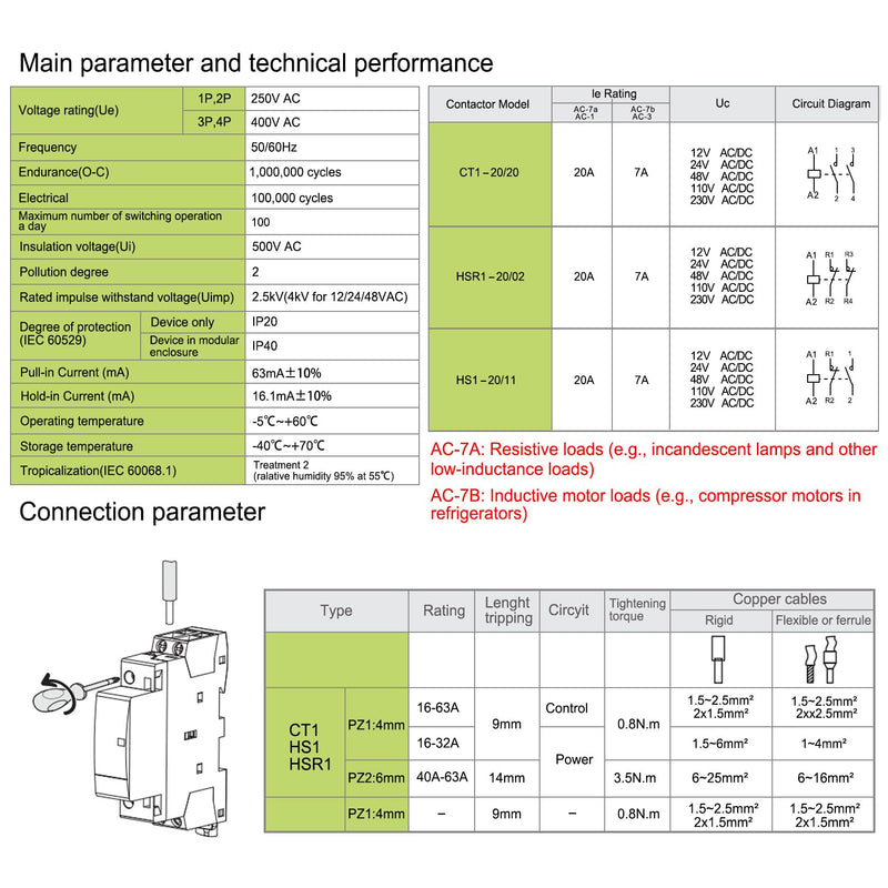 Heschen Household AC Contactor, HS1-20, Ie 20A, 2-Pin 1NO 1NC, 220/240V Coil Voltage, 35mm DIN Rail Mounting 230VAC 1NO 1NC 2P