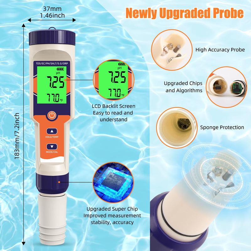 [Australia - AusPower] - 7-in-1 Digital Pool Salt Tester | pH, ORP, Salinity, TDS, EC, Temperature Meter for Saltwater Pools, Hot Tubs, Spas, Aquariums, Hydroponics，Saltwater Pool Tester Dark blue 