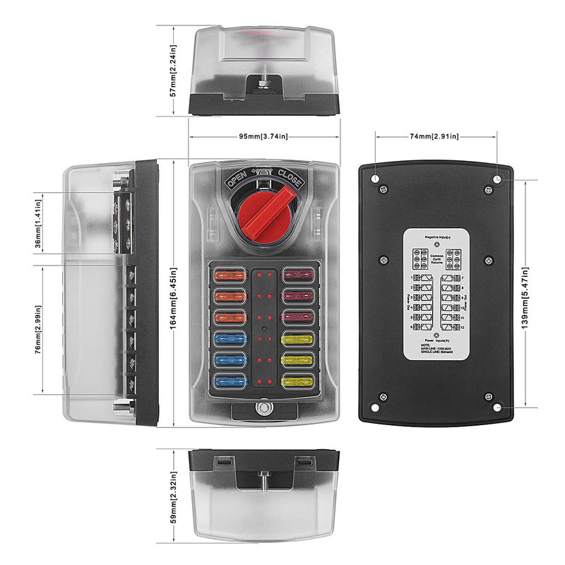 [Australia - AusPower] - 12 Volt Fuse Block, Waterproof Boat Fuse Panel with LED Warning Indicator Damp-Proof Cover, 12 Circuits with Negative Bus Fuse Box for Car Marine RV Truck Block DC 12-24V 