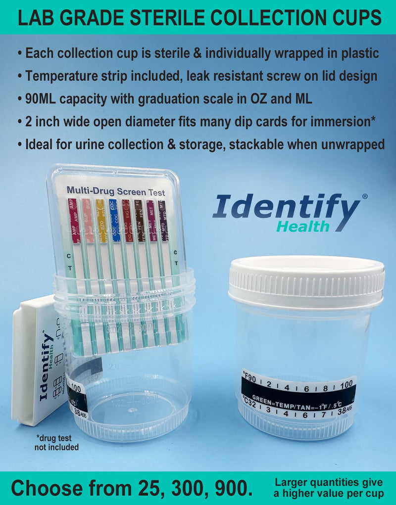 [Australia - AusPower] - Identify Health Sterile Urine Specimen Cups with Lids | 25 Pack | 90 ML Individually Wrapped Urine Collection, Temperature Strip, Graduation Scale 