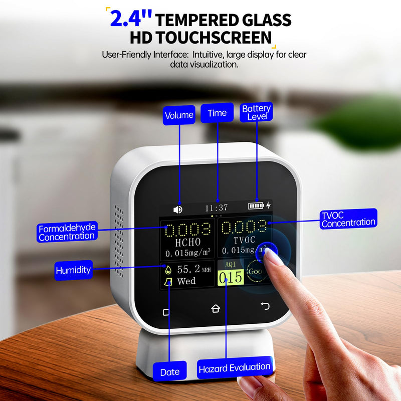 [Australia - AusPower] - 5-in-1 air quality meter, formaldehyde meter, simultaneously measures HCHO TVOC concentration humidity hazard assessment, 2.4 inch touch screen, colour display, automatic warning. 