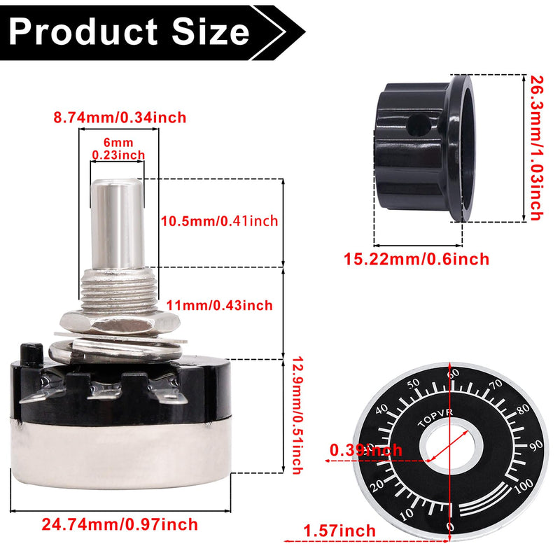 Taiss 2pcs RV24YN20S 10K Potentiometer Single Turn Carbon Film Rotary Taper Potentiometer Used for Inverter speed regulation Motor speed control + 2pcs A03 knob + 2pcs dials (B103 10K ohm) B103 10K ohm