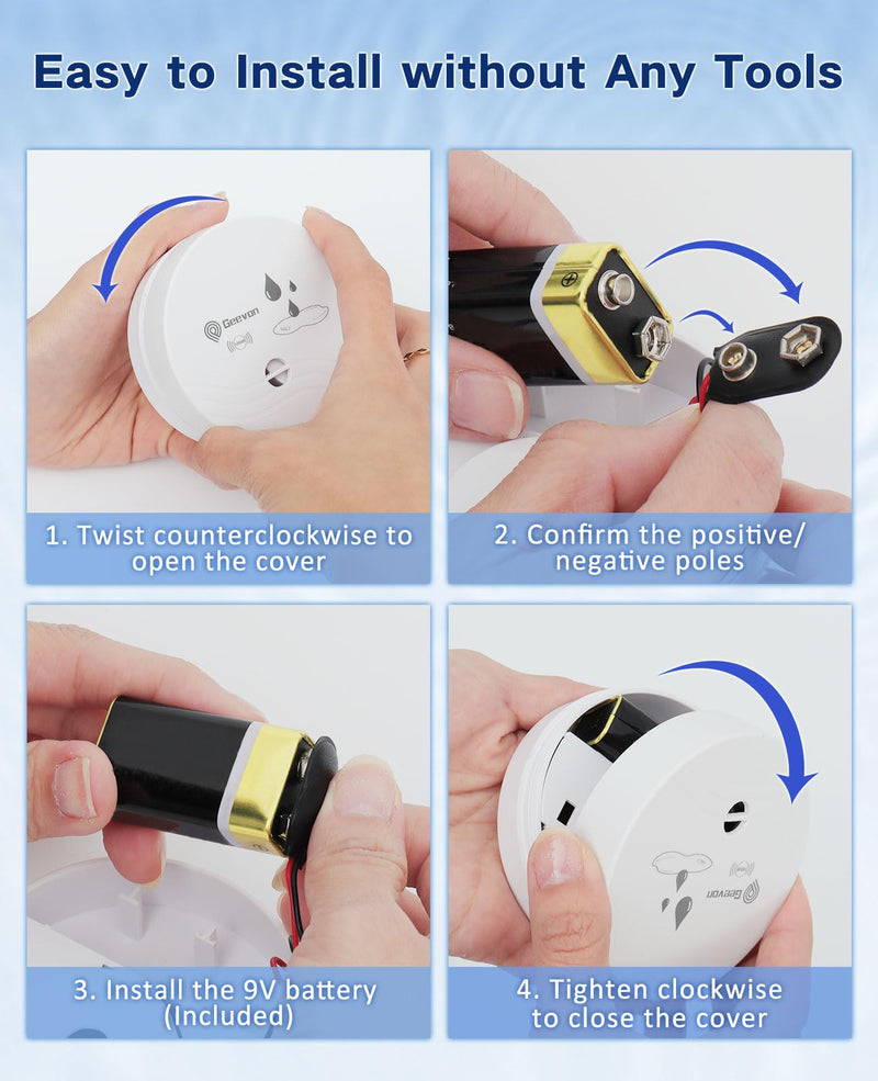 [Australia - AusPower] - Geevon 4 Pack Water Leak Detectors, 100dB Water Sensor Alarms Flood Detector for Basements, Bathrooms, Laundry Rooms, Kitchens, Garages, and Attics, Water Alarms Battery-Operated (Battery Included) White 