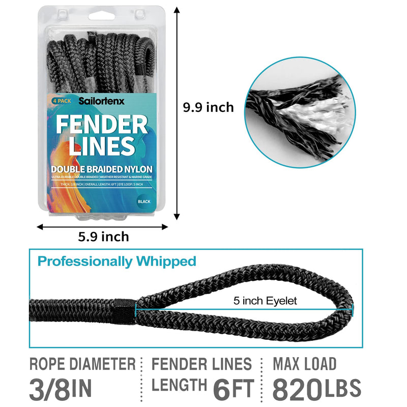 Boat Fender Lines 4 Pack 3/8" x 6FT- Boat Bumper Line Double Braided Nylon Fender Rope with 5" Eyelet Mooring Marine Rope for Boats Line & One End Can Be Spliced with Fenders to Used, Black 4PK-Black