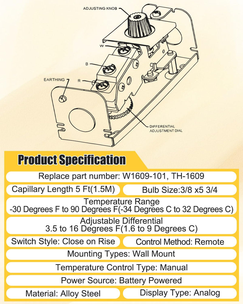 [Australia - AusPower] - W1609-101 Bulb Refrigeration Thermostat Temperature Controller, Replace TH-1609 from -30 Degrees F to 90 Degrees F (-34 Degrees C to 32 Degrees C), 5 Ft Capillary 