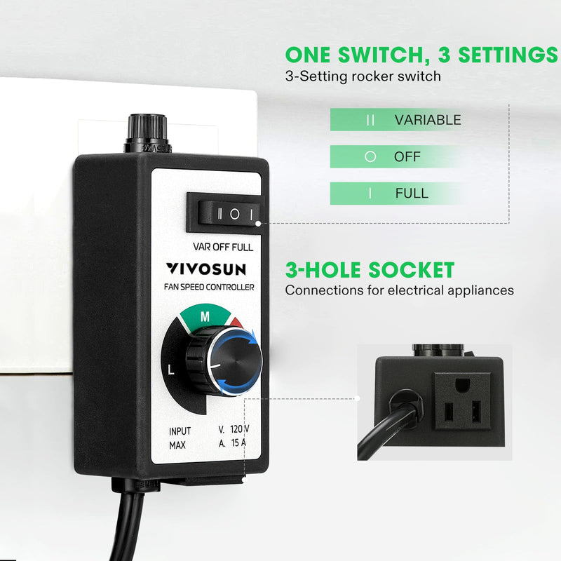 VIVOSUN Variable Fan Speed Controller, Speed Adjuster for Inline Duct Fan in Ventilation System Single Power Cord (1500W)