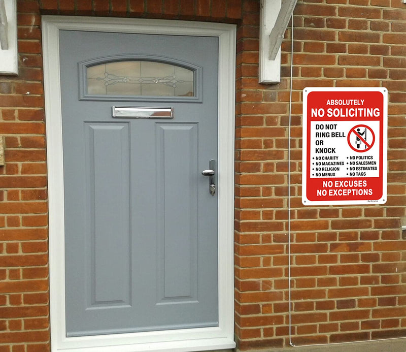 [Australia - AusPower] - 2 Pack Absolutely No Soliciting Yard Sign for House -10" x 7" No Excuses No Exceptions Do Not Ring Bell No Knock Metal Sign for Front Door，UV Protectd Rust & Fade Resistant 10" x 7" 