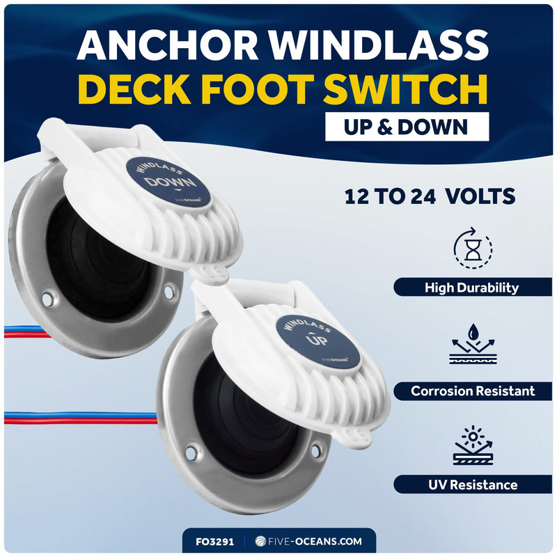 Five Oceans Windlass Foot Switch - Covered Anchor Windlass Deck Foot Switch Up/Down, Single Direction Switches, White UV-Stabilized Plastic Hinged Cover, 12-24-Volts, 5-Amp - FO3291