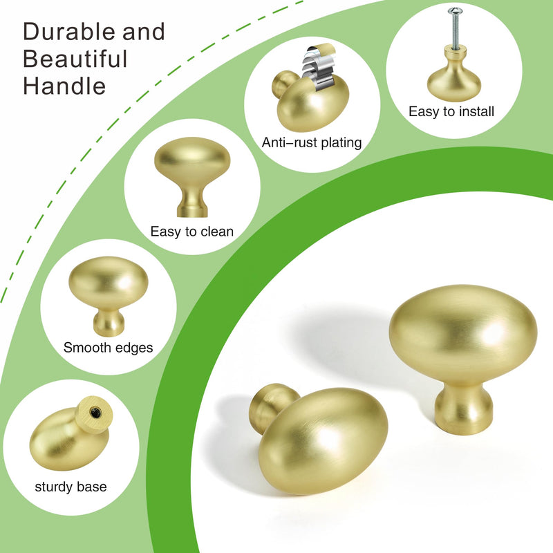 TUNNY 10 Pack Oval Ellipse Single Hole Cabinet Knob-Brushed Gold Single Hole Furniture Hardware Knob for Bathroom Dresser Kitchen Cabinets Bedroom Cabinet Pull Brushed Gold Knob - 1.32"(33.6mm) Diameter - 10Pcs