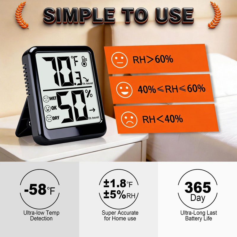 Room Thermometer Indoor Hygrometer Humidity Meter Gauge Digital Temperature and Humidity Sensor Monitor for Home Office House Pets Plants - AAA Battery Included Black - Upgraded Version 1 - Pack