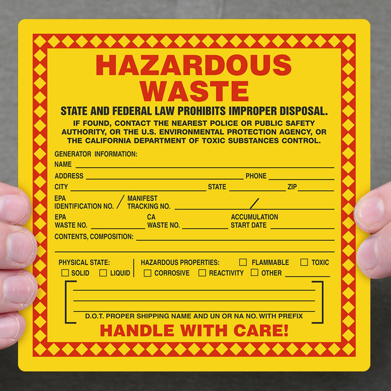 SmartSign (100-Pack) California Hazardous Waste Handle with Care Labels, 6" x 6", Write-On Plastic Labels, Drum Labels with Permanent Adhesive, Red/Black with Yellow Hazardous Waste - 4