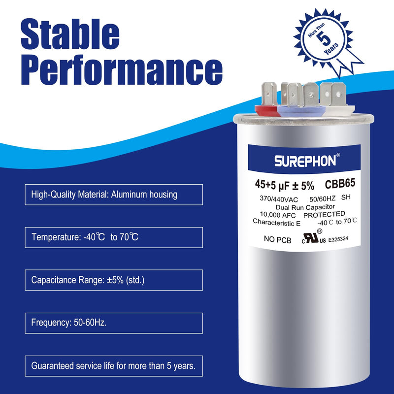 [Australia - AusPower] - 45/5 Mfd Ac Capacitor 370V or 440V 50/60Hz CBB65B Air Conditioner Capacitors for AC Unit Fan Motor Start or Pool Pump or Air Condenser Straight Cool B45+5 MFD 