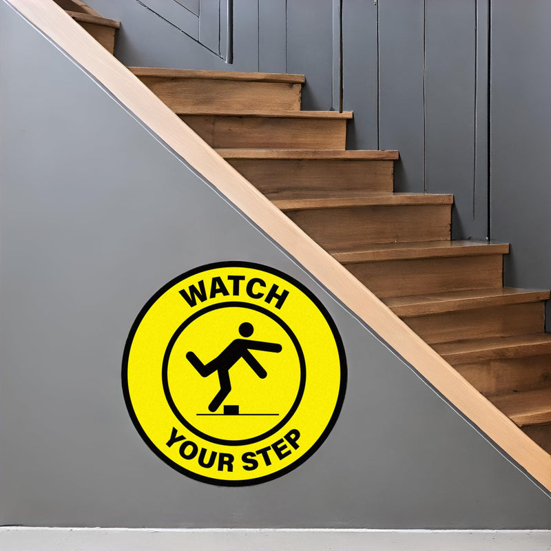 5 Pack Watch Your Step Floor Sticker Anti-Slip Safety Sign 17 × 17 Inches Self Adhesive Vinyl Waterproof Signage for Floors Stairs Warehouses Offices Retail Stores