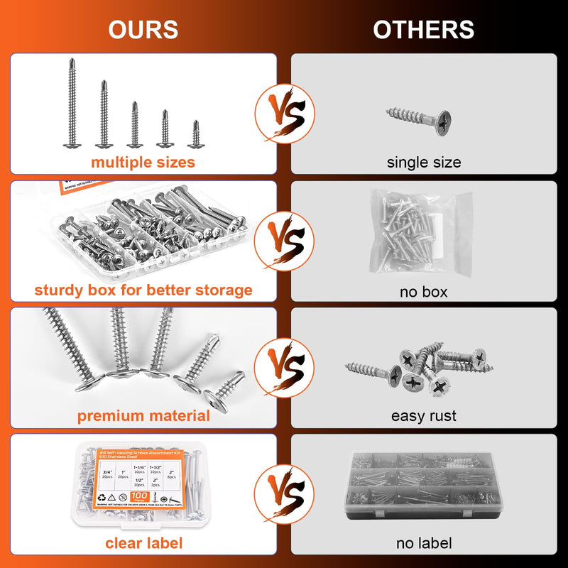 [Australia - AusPower] - 100pcs Premium #8 Self Tapping Screw Assortment Kit, 410 Stainless Steel Sheet Metal Screws, 8 x 1/2" - 2" Self Drilling Screws for Metal, Truss Head 