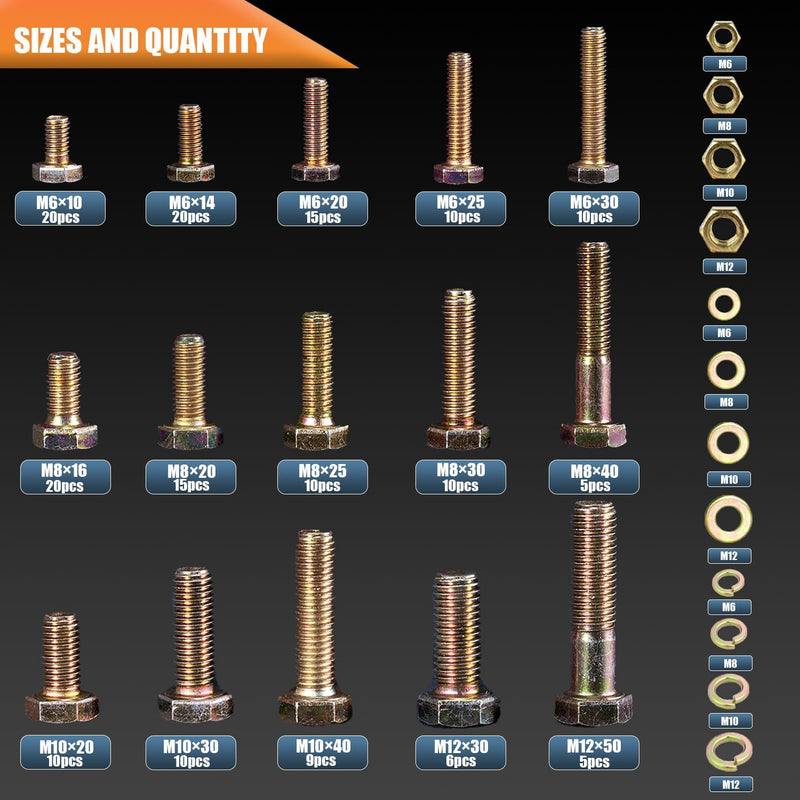 [Australia - AusPower] - 700pcs Metric Bolt Assortment, M6 M8 M10 M12, Grade 8.8 Heavy Duty, Yellow Zinc Plated, 10-50mm Length, Bolts and Nuts Kit 