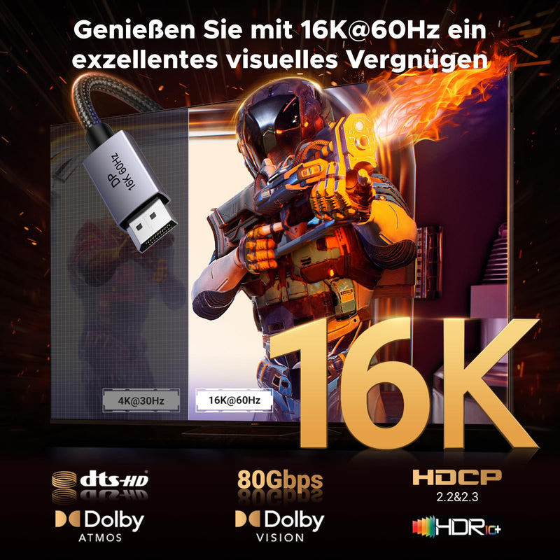 UGREEN 16K Displayport Cable 2.1 16K 10K 60Hz 8K 120Hz 4K 240Hz 165Hz (2M) | DP cable 80Gbps with HDR, FreeSync, G-Sync, DSC 1.2a, HDCP 2.2, anti-interference and durability for PC, HDTV, gaming monitor 2 m 16K 60Hz
