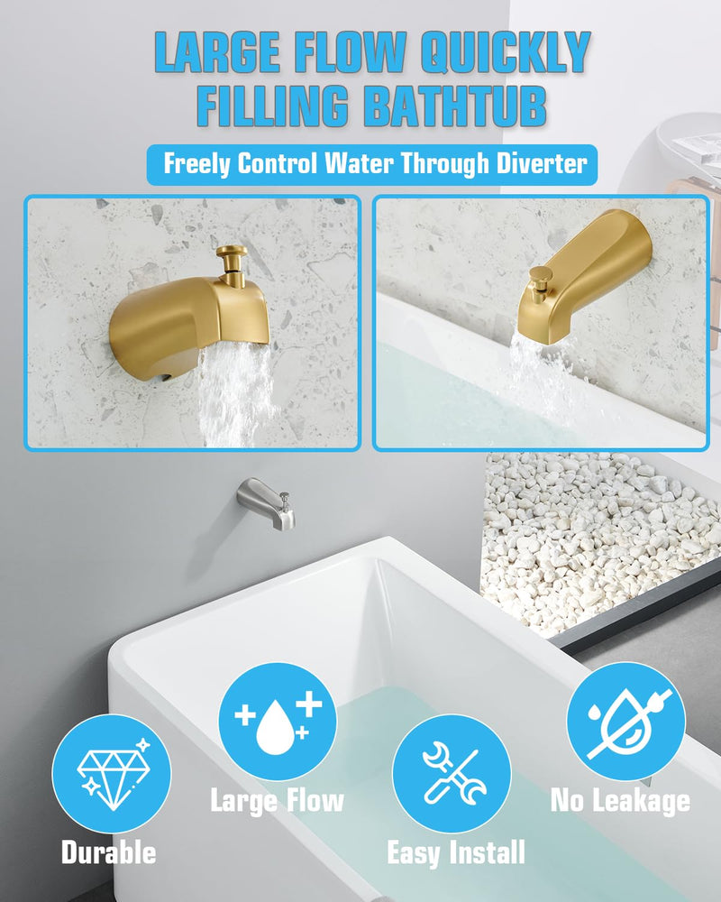 Tub Spout with Diverter, Slip On Bathtub Spout Fits 1/2'' Copper Tube(5/8'' Dia), Bathroom Tub Faucet with PTFE Tape & Hex Wrench, Brushed Gold