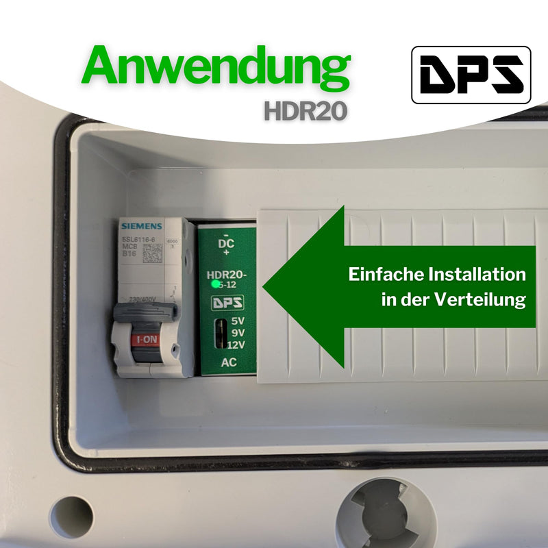 DPS – DIN Rail Power Supply 5V | 9V | 12V - 20W 230Vac Power Supply Transformer HDR20 Switch 5V | 9V | 12V AC NoElko Power Supply Industrial Quality 5V | 9V | 12V