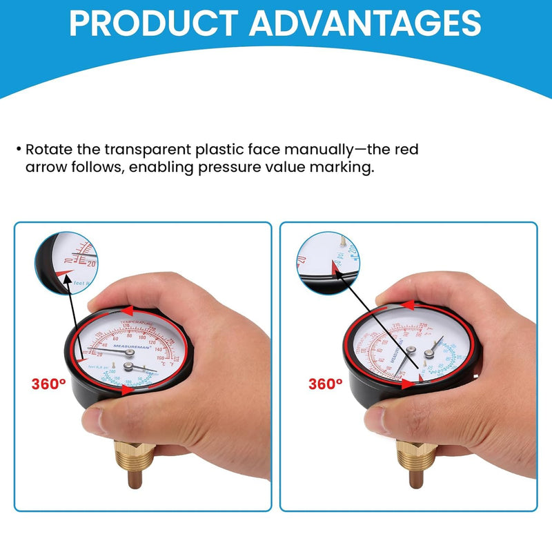 [Australia - AusPower] - MEASUREMAN Commercial Tridicator Boiler Gauge Kit, 2.5" Dial, 0-200 PSI (ft H₂O) & 70-320°F, 1/4" NPT Back Mount with 1/2" NPT Adapter and O-Ring（2.95'' Stem） 0-200 PSI 70-320°F 2.95'' Stem 
