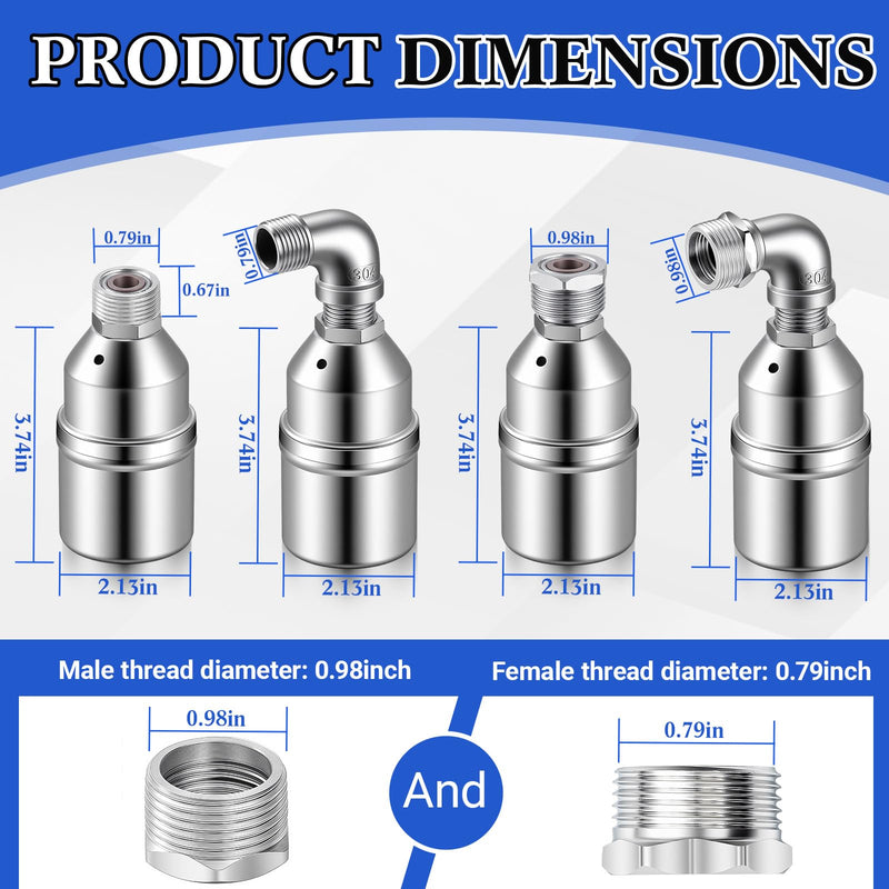 Hicarer 2 Set 304 Stainless Steel Water Float Valve 1/2" to 3/4" Automatic Water Level Control Shut off Float Valve for Watering Tank, Livestock Troughs, Pool, Distiller