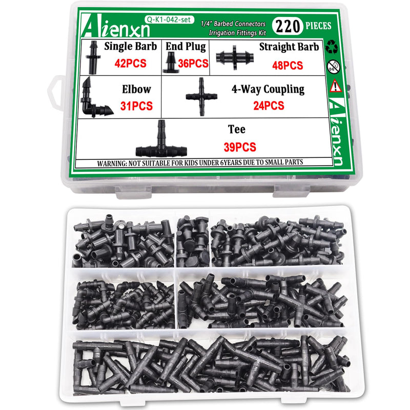 220PCS 1/4" Drip Irrigation Kit Barbed Connectors, Straight Barb, Tee, Single Barb, End Plug, Elbow, 4 Way Coupling Irrigation Fittings for Garden Lawn Flower Pot 220pcs