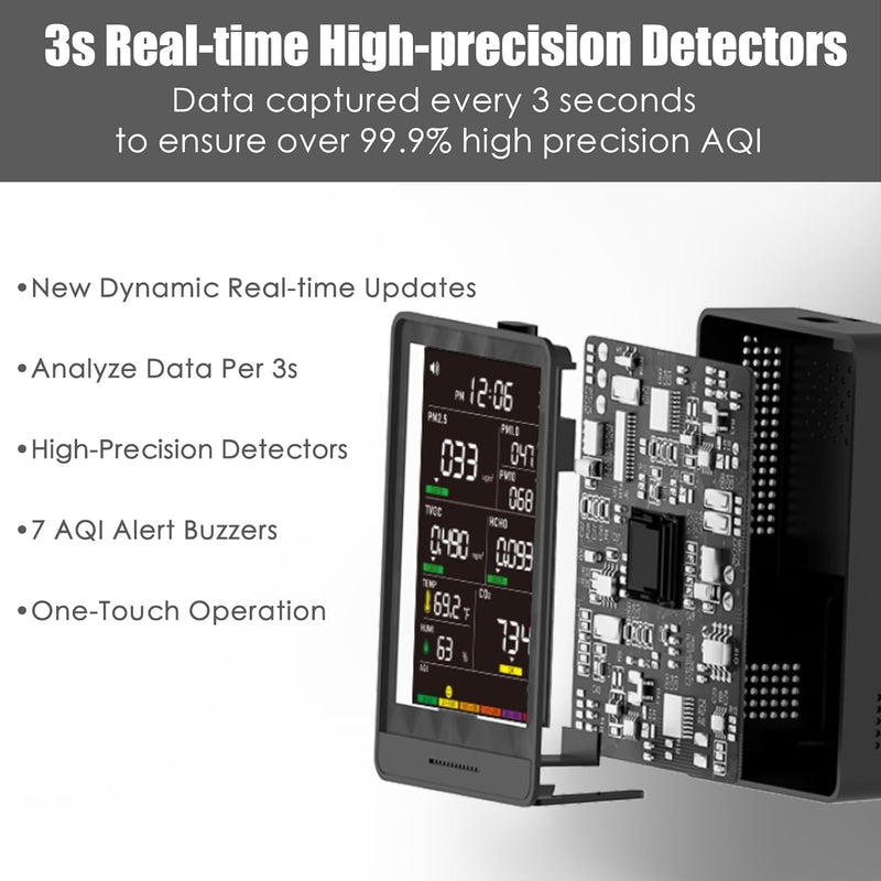 [Australia - AusPower] - Professional Indoor Air Quality Monitor with 7X AQI Beep Alarms,16 in 1 Portable Real-Time Detector for PM2.5 | PM10 | CO2 | TVOC | HCHO | Temp | Hum for Home Cars Plants Pets (Dark Black) Dark black 