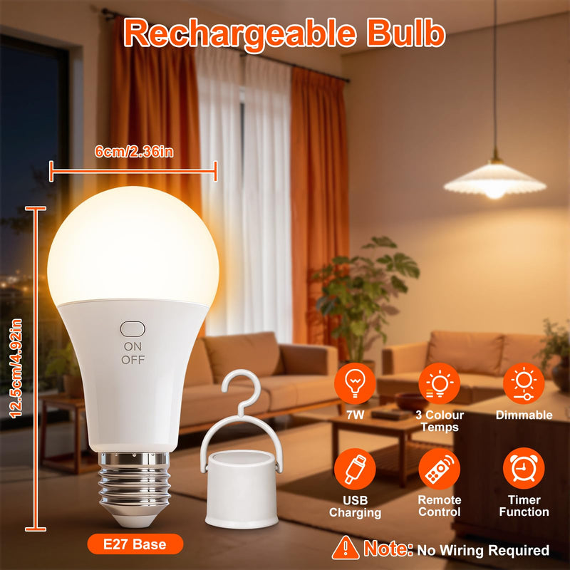 Ketom Pack of 4 Light Bulbs with Remote Control, E27, Rechargeable Bulb, Dimmable | Rechargeable light bulb with timer function, 3 colors, button control, 7W Wireless Decorative Lamp Bulb Emergency Light Camping 3 Colors, 4 Pieces