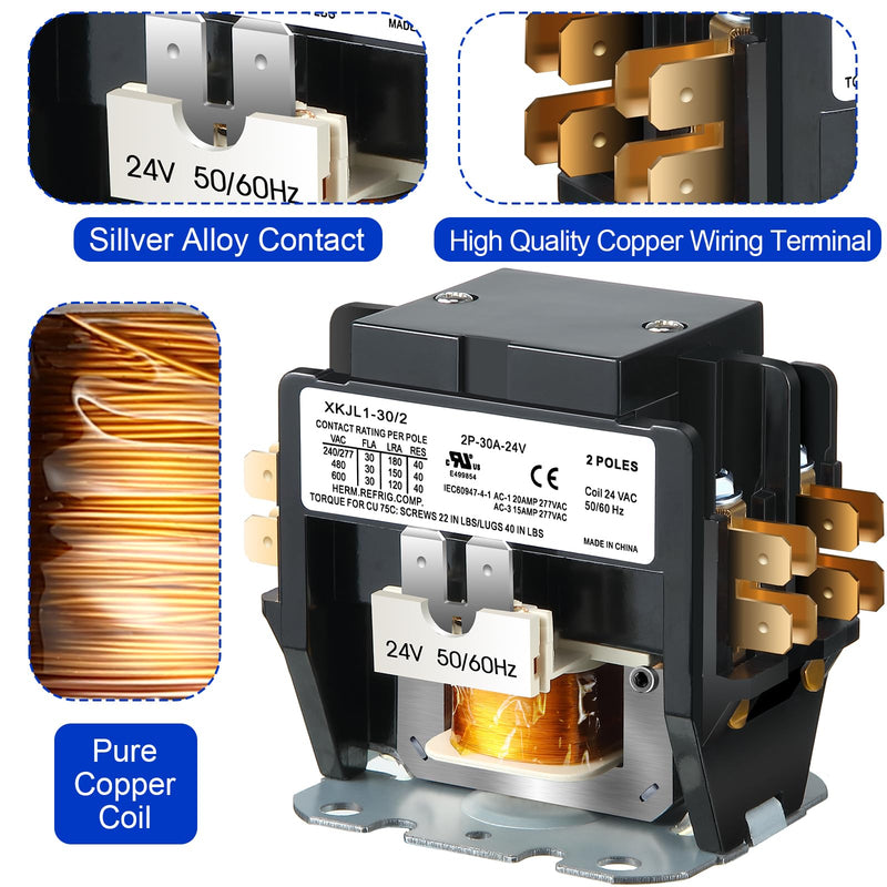 [Australia - AusPower] - Dreyoo Carrier HVAC Motor Contactor, 24V 30 Amp Coil 2 Pole Replacement Relays Compatible with C230b, Air Conditioner, Heat Pump, Refrigeration Systems 