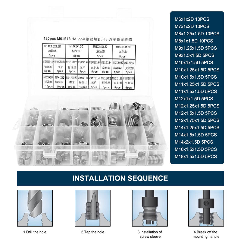 [Australia - AusPower] - EVTSCAN 120 Pcs Stainless Steel Helical Threaded Inserts Kit, with M3 M4 M5 M6 M8 M10 M12 M14 M16 M18 Metric Wire Thread Inserts, Free Running Coil, for Repairing Damaged or Worn Out Threads 