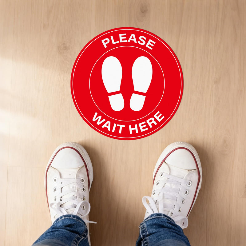 20 Pack Please Wait Here Sign 10 Inch Self Adhesive Waterproof Vinyl Wait Here Floor Stickers for Office Warehouse Classroom Clinic Indoor Outdoor