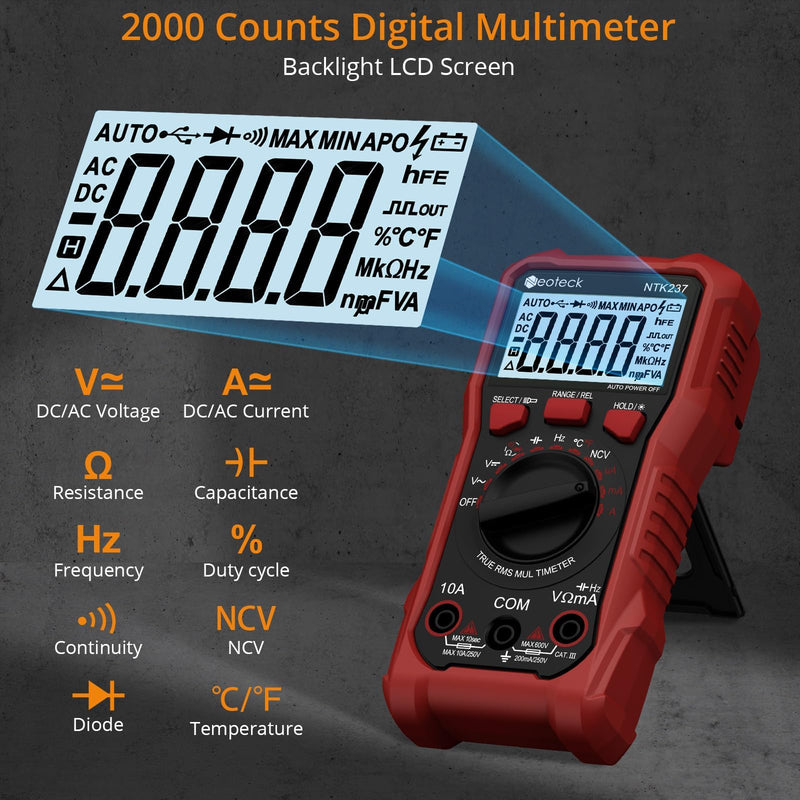 [Australia - AusPower] - Neoteck Professional Electrical Kit: Non-Contact Voltage Tester & Digital Multimeter with 12-1000V AC Detection, 2000 Counts, NCV, LED Flashlight, Continuity Test, Diode Measuring 