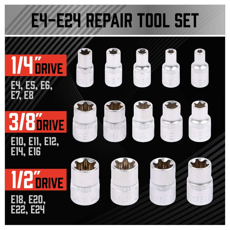 [Australia - AusPower] - SEDY 14-Piece E-TORX Socket Set - Premium Female Torx Socket Set, Ultimate Star Socket Set, Torque Socket Set, External Torx Socket Set, E4 E5 E6 E7 E8 E10 E11 E12 E14 E16 E18 E20 E22 E24 Socket Set 