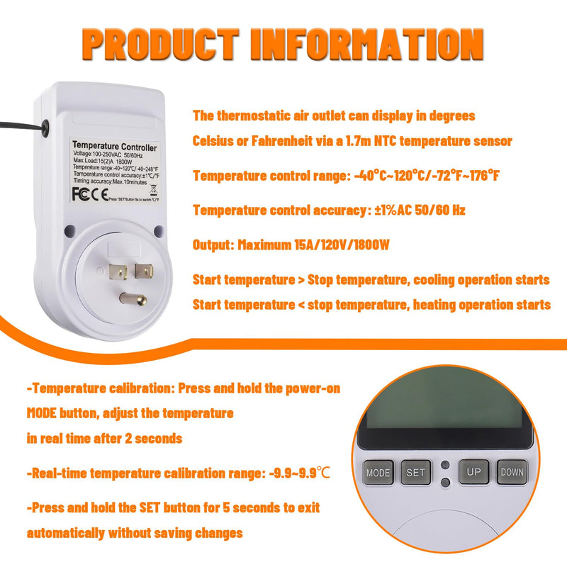 [Australia - AusPower] - 110V Digital Temperature Controller, LCD Screen Heating Cooling Thermostat Outlet Socket with Sensor Timer Regulator for Reptile Incubator Greenhouse Brewing Refrigerator 