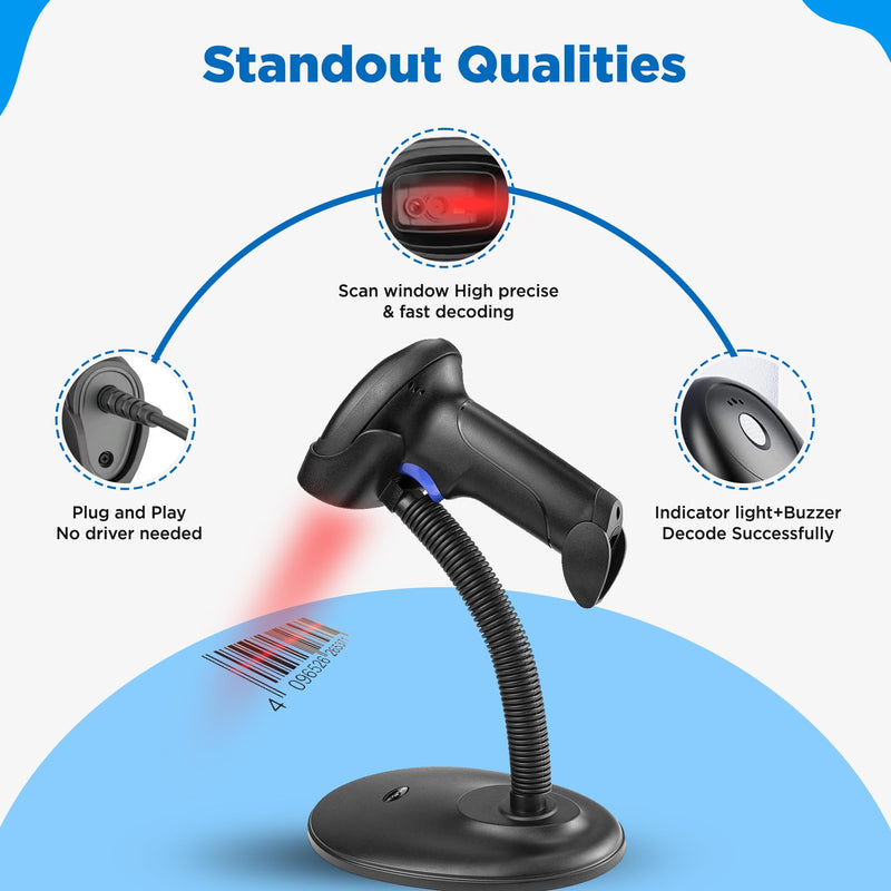 [Australia - AusPower] - Barcode Scanner with Stand, Code Reader with 1MP Image Sensor, 2D Barcode Scanner for Multi Purposes & Wired Connection with Visual Indicator Alert 